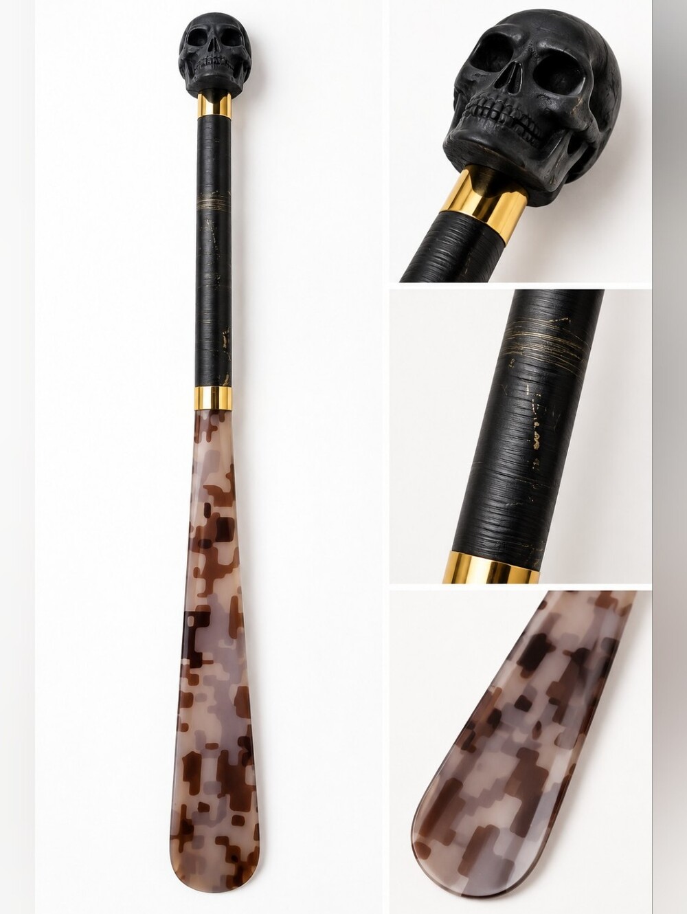 Italian Skull Handle Long Shoe Horn Brown Tortoise Luxury Shoe Accessory